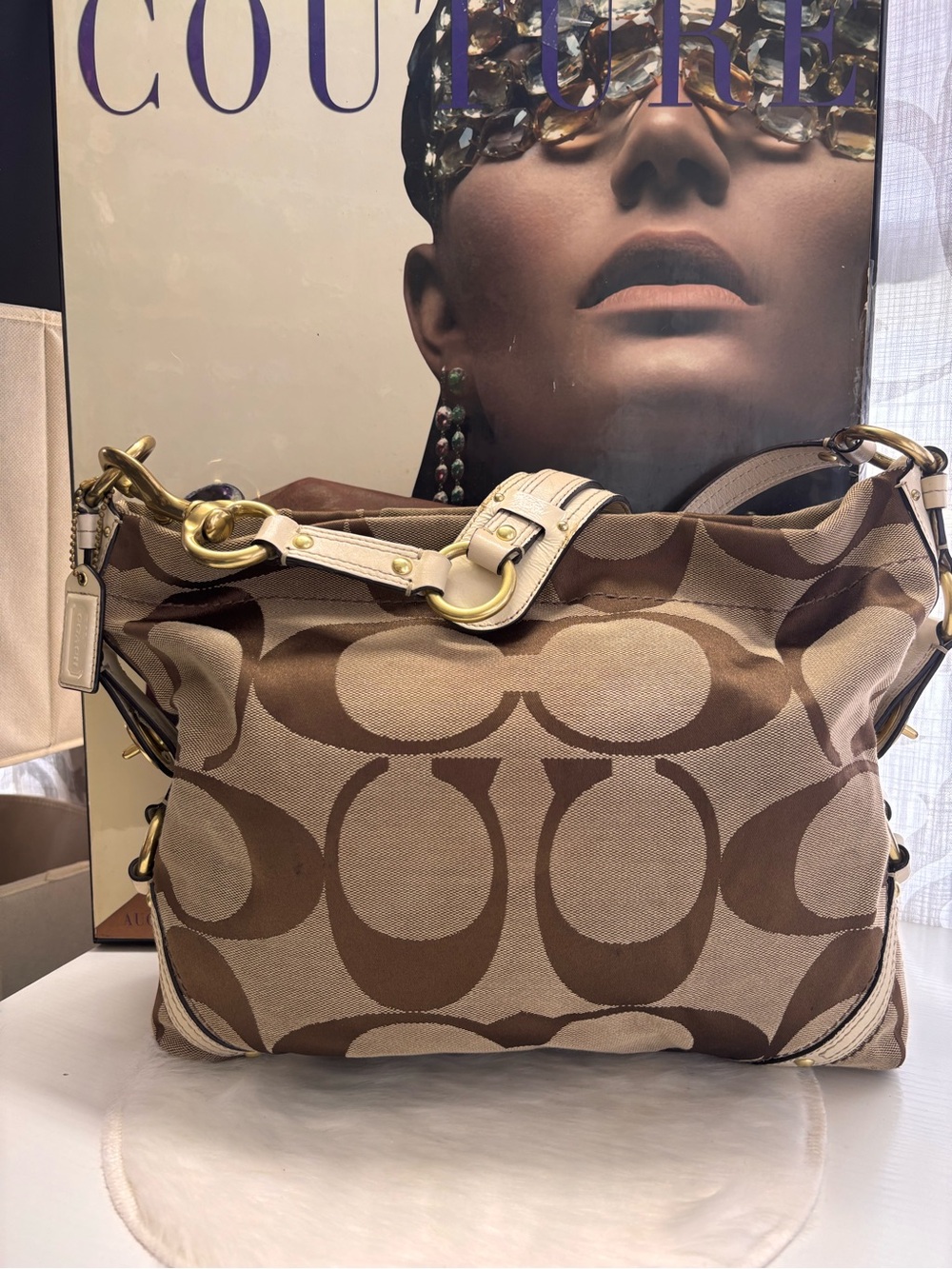 Coach Carly Beige and Brown Signature Canvas Shoulder Bag